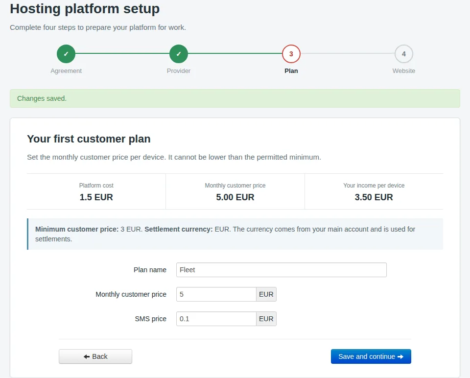 Fleet plan with a 5 EUR customer price, 1.50 EUR platform cost and 3.50 EUR estimated difference