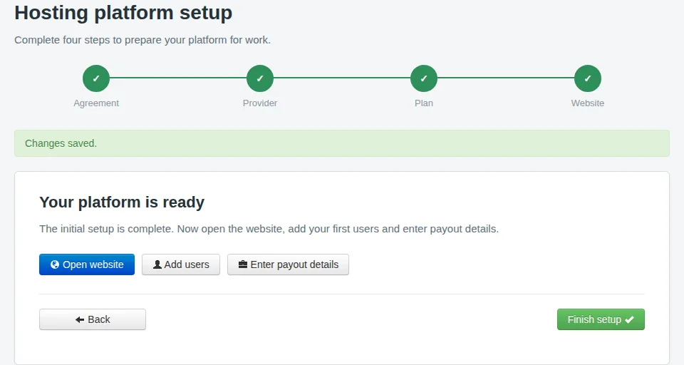Setup completion with options to open the website, add users or enter payout details