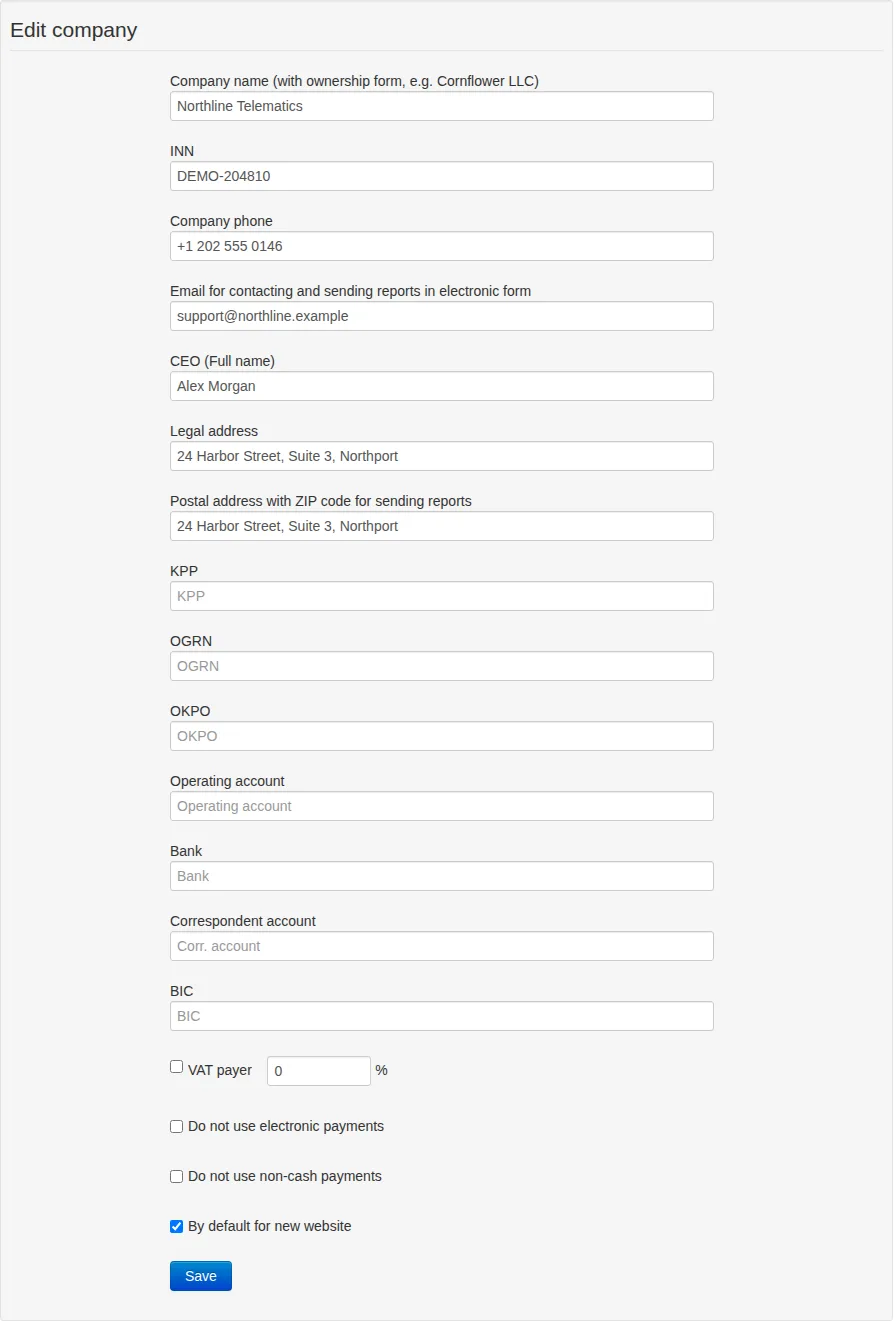 Full Northline Telematics company form with details, VAT, payment restrictions and default selection
