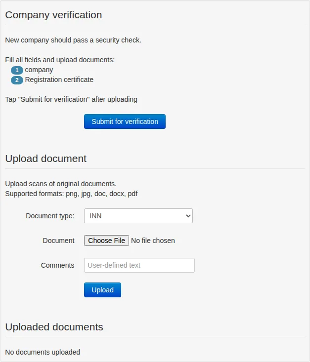Company verification panel with submission, document upload and uploaded file list