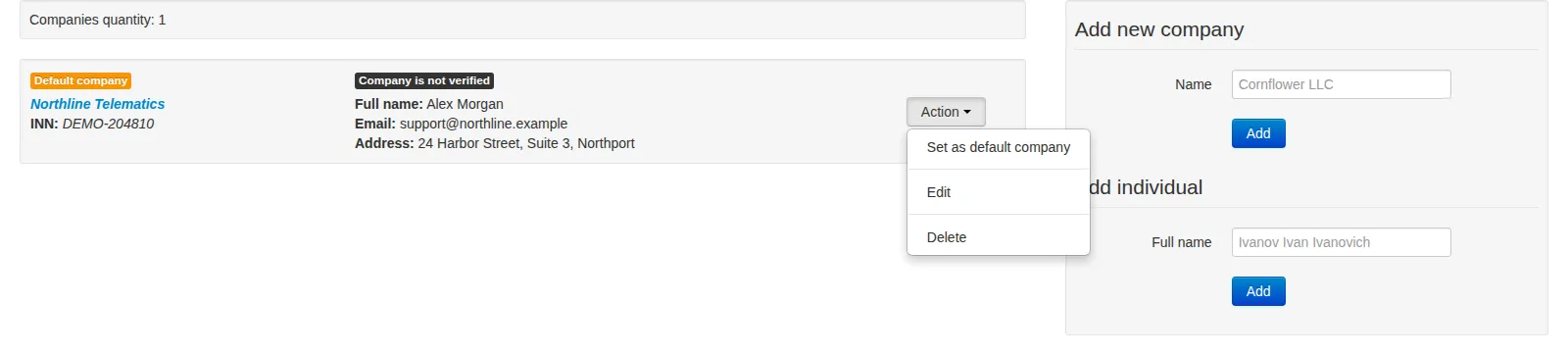 Company list with Northline Telematics and the provider action menu