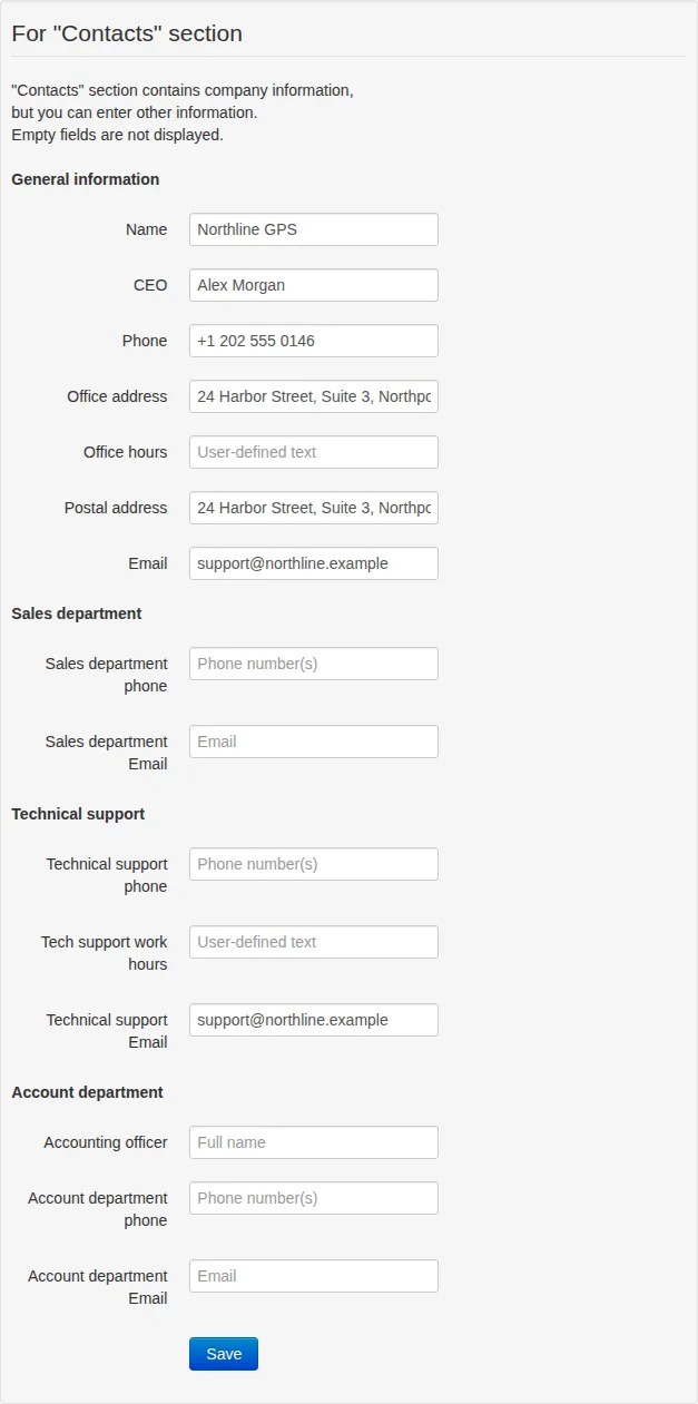 Separate Northline GPS customer contact form with its own Save button