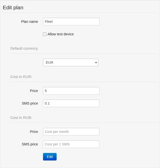 Fleet edit form with EUR as the default currency and price fields for EUR and RUB