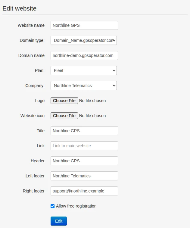 Northline GPS website editing form with branding, provider and support email