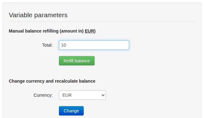 Manual balance top-up form with EUR 10 entered after provider verification