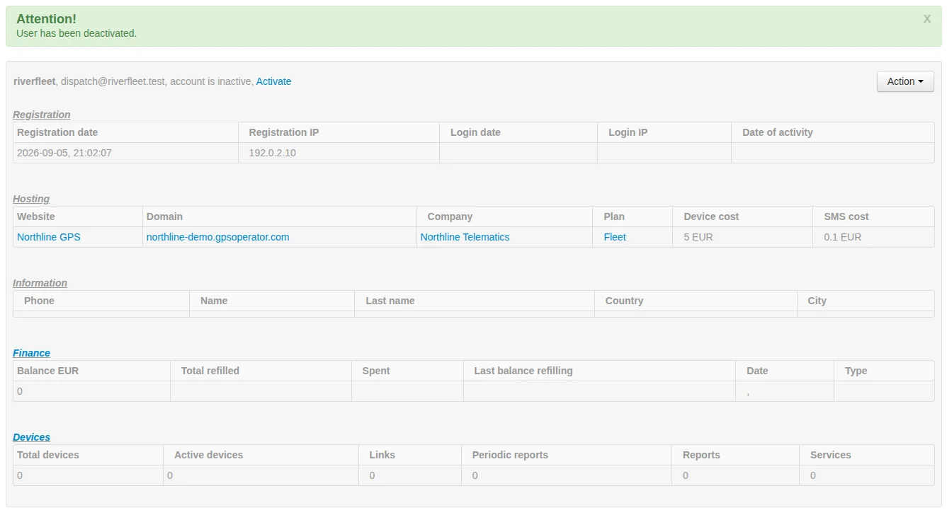 Deactivated demonstration customer with assignments retained and an Activate link