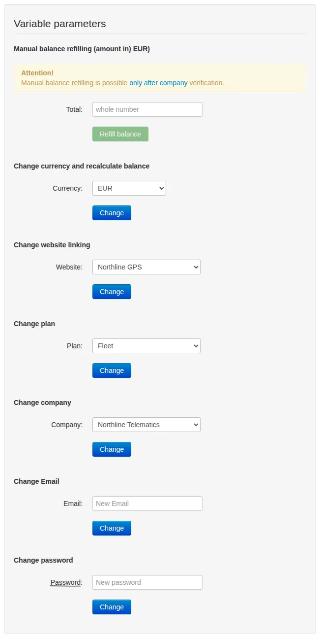 Separate forms for changing a customer's currency, website, plan, company, email and password