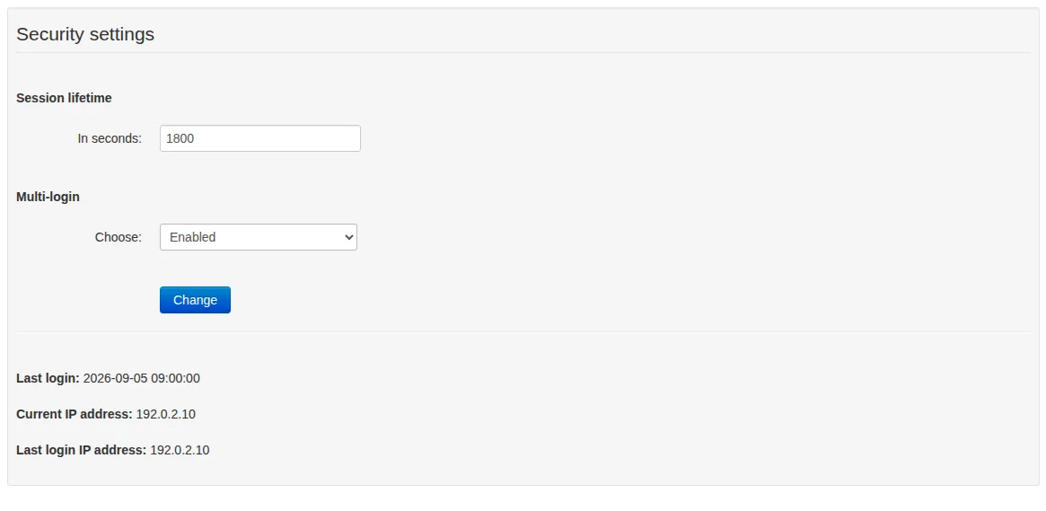 Security settings with a 1800-second session lifetime and multi-login enabled