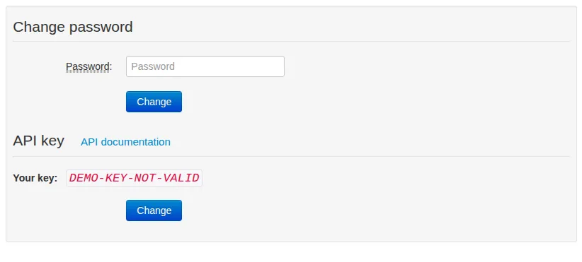 API key and reference link in Settings; the displayed key is a non-working example